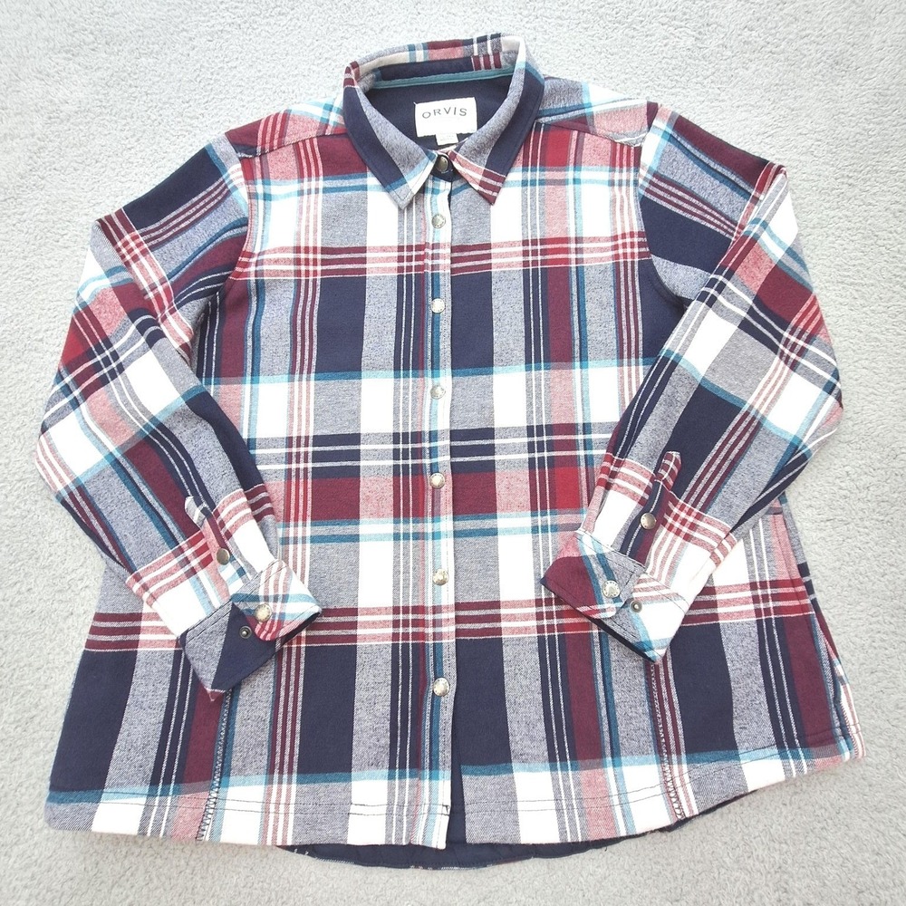 Orvis Shirt Jacket Womens XXL Red Navy Plaid Fleece Lined Snap Front Shacket
